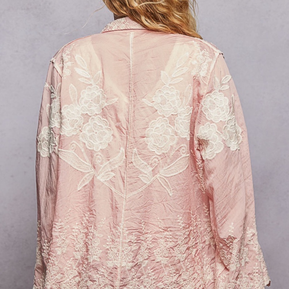 POL Embroidered Floral Button Up Shirt Long Sleeve Top One Size Fits All Pink - Picture 3 of 8